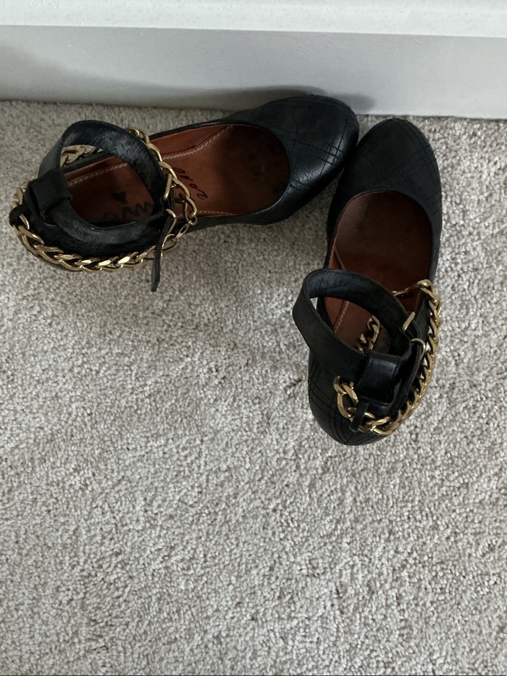 Lanvin Black Leather Ankle Strap Heels with Gold Chain